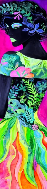 Free colorful bookmark featuring a dark-haired lady in a bright dress